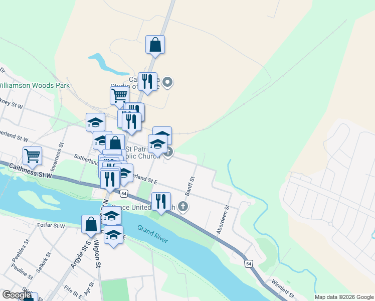 map of restaurants, bars, coffee shops, grocery stores, and more near 138 Orkney Street East in Caledonia