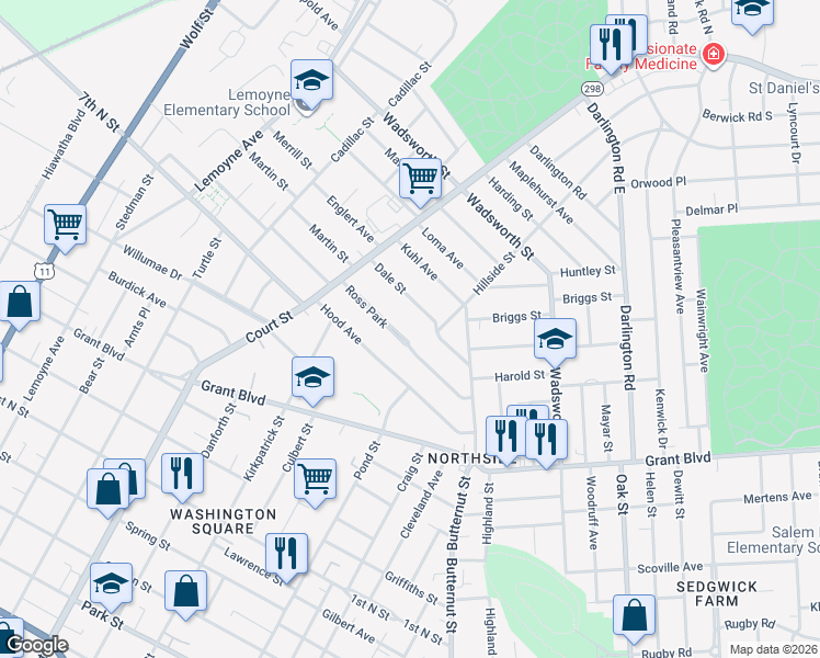 map of restaurants, bars, coffee shops, grocery stores, and more near 166 Ross Park in Syracuse