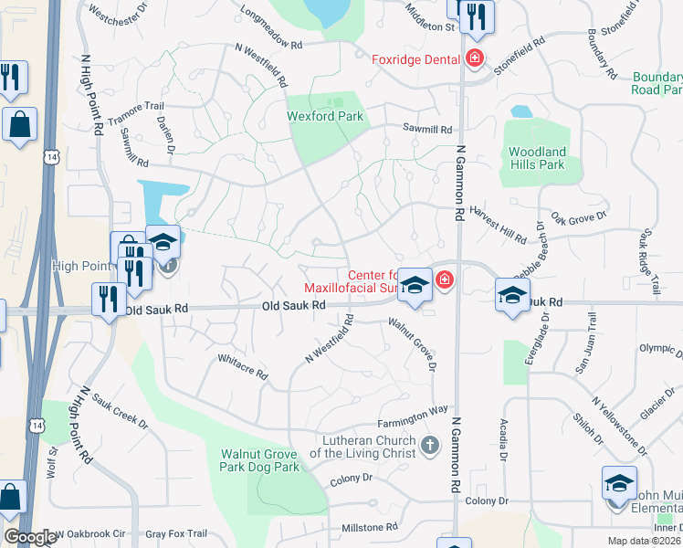 map of restaurants, bars, coffee shops, grocery stores, and more near 15 Saukdale Trail in Madison