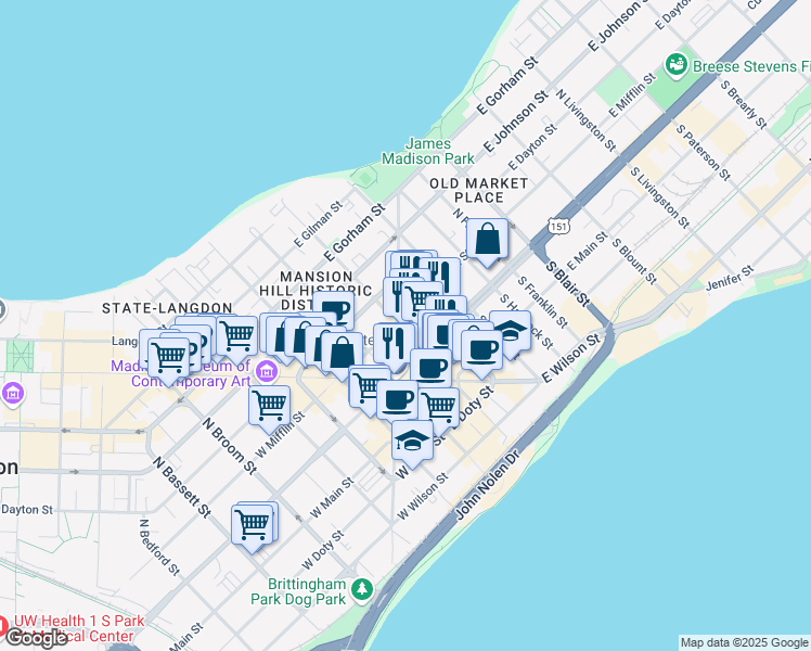 map of restaurants, bars, coffee shops, grocery stores, and more near 25 North Pinckney Street in Madison