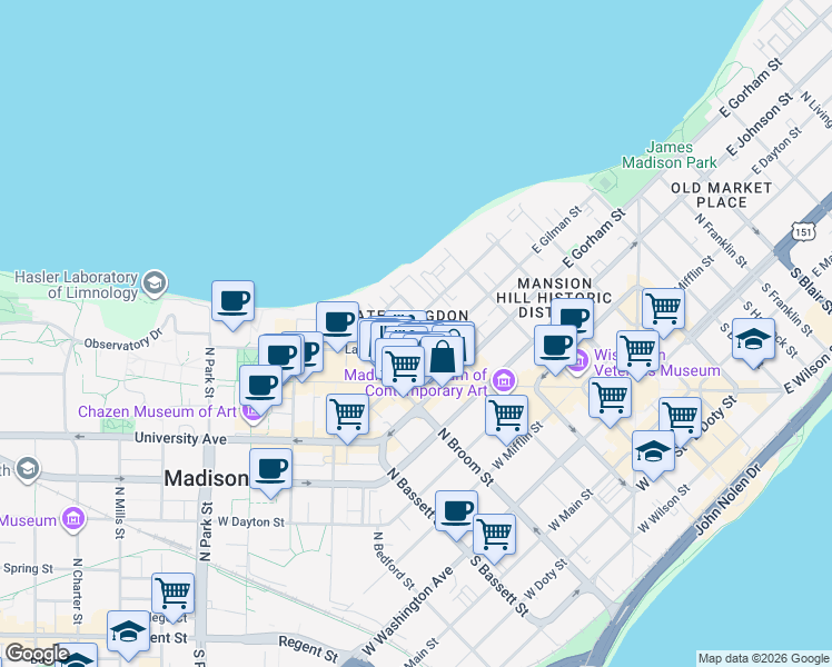 map of restaurants, bars, coffee shops, grocery stores, and more near 211 Langdon Street in Madison