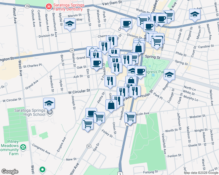 map of restaurants, bars, coffee shops, grocery stores, and more near 97 West Circular Street in Saratoga Springs