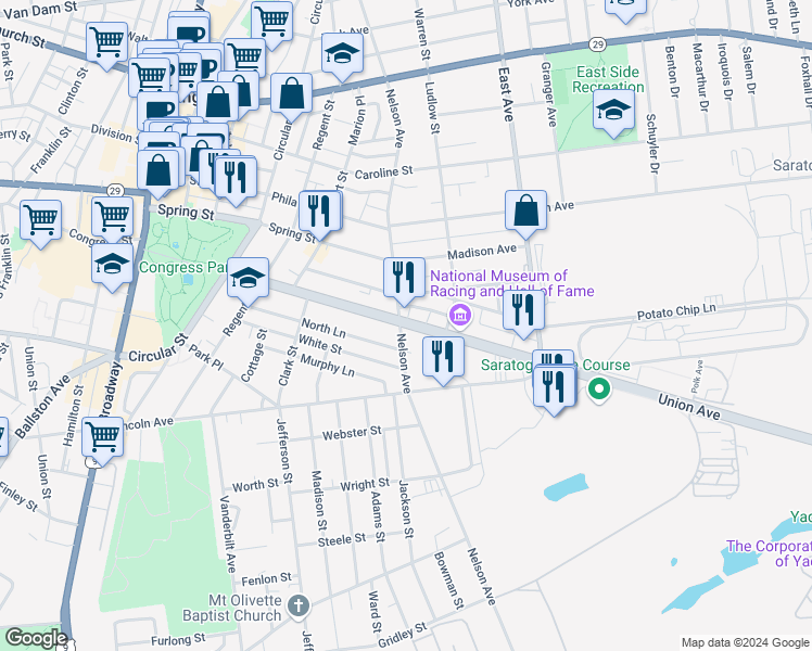 map of restaurants, bars, coffee shops, grocery stores, and more near 148 Union Avenue in Saratoga Springs
