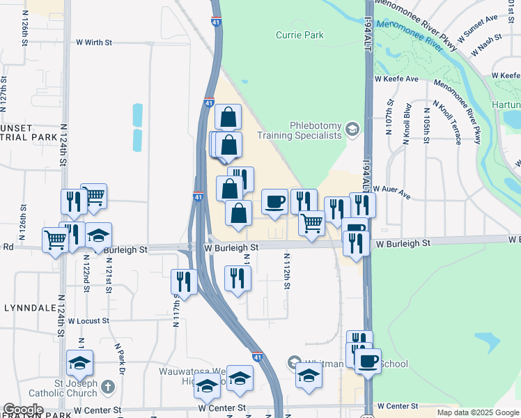 map of restaurants, bars, coffee shops, grocery stores, and more near 11241 Synergy Drive in Wauwatosa