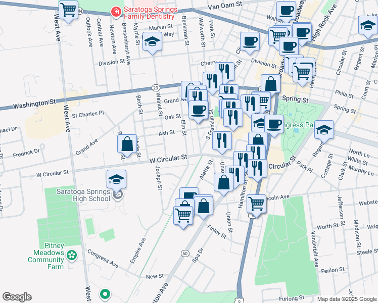 map of restaurants, bars, coffee shops, grocery stores, and more near 161 Elm Street in Saratoga Springs