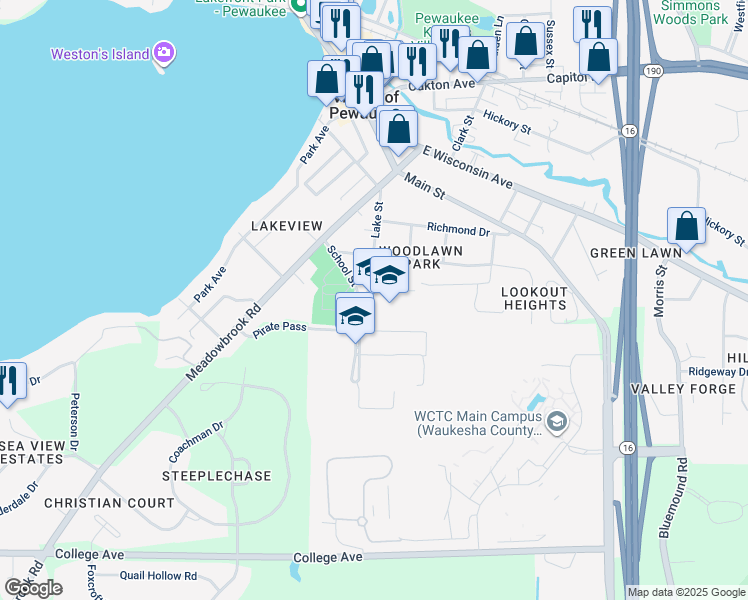 map of restaurants, bars, coffee shops, grocery stores, and more near 458 Lake Street in Pewaukee