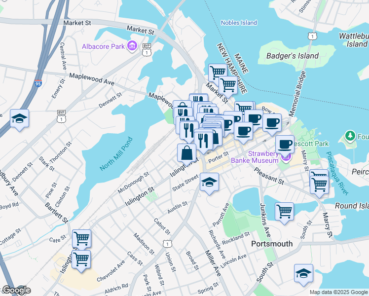 map of restaurants, bars, coffee shops, grocery stores, and more near 2 Foundry Place in Portsmouth