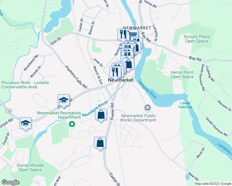 map of restaurants, bars, coffee shops, grocery stores, and more near 165 Main Street in Newmarket