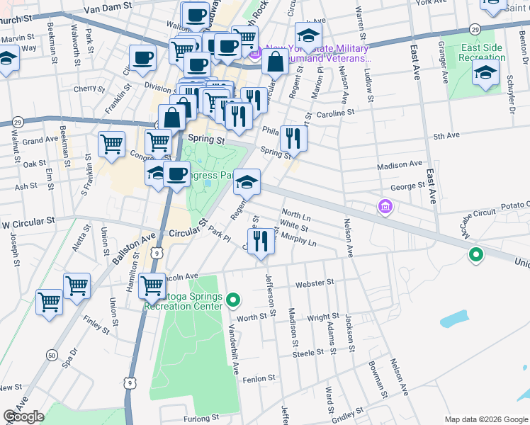 map of restaurants, bars, coffee shops, grocery stores, and more near 48 Union Avenue in Saratoga Springs