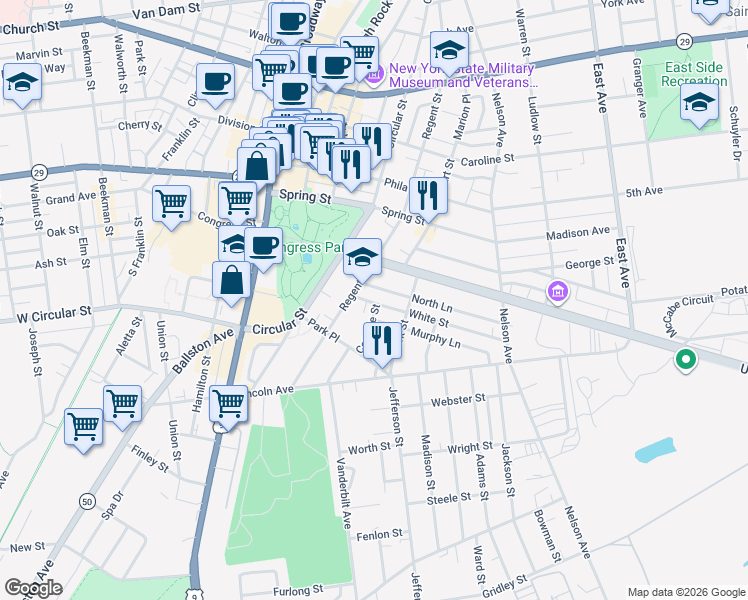 map of restaurants, bars, coffee shops, grocery stores, and more near 125 Regent Street in Saratoga Springs