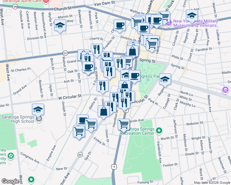 map of restaurants, bars, coffee shops, grocery stores, and more near 71 Hamilton Street in Saratoga Springs