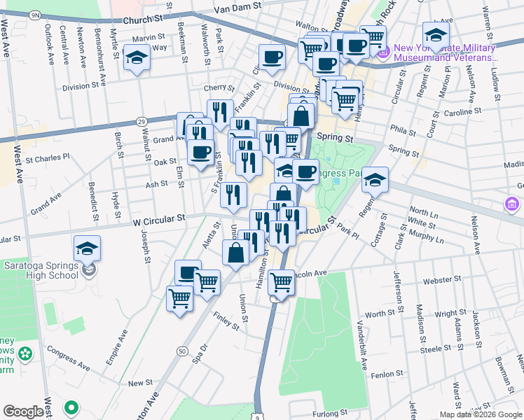 map of restaurants, bars, coffee shops, grocery stores, and more near 26B Congress Street in Saratoga Springs