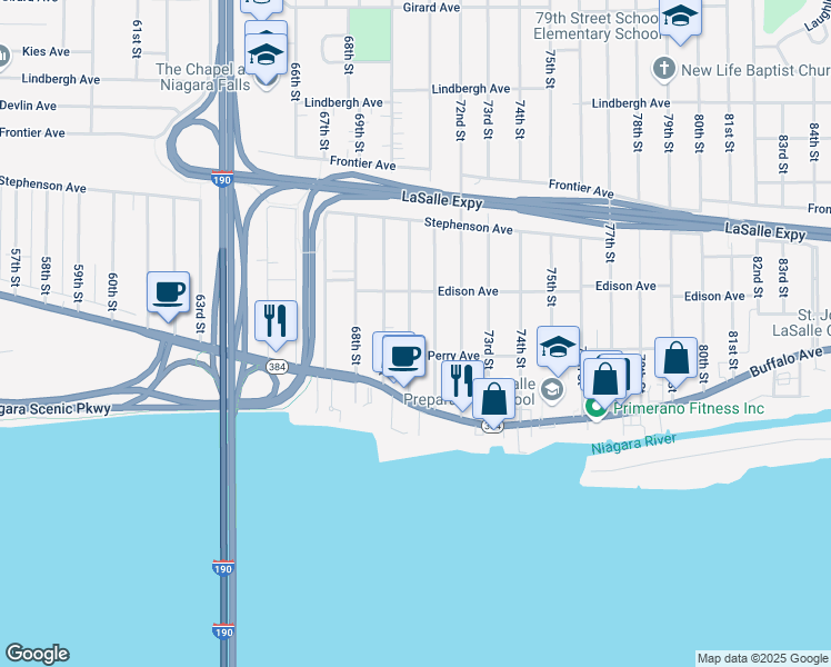 map of restaurants, bars, coffee shops, grocery stores, and more near 248 70th Street in Niagara Falls