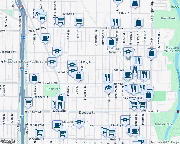 map of restaurants, bars, coffee shops, grocery stores, and more near 3166 North Palmer Street in Milwaukee