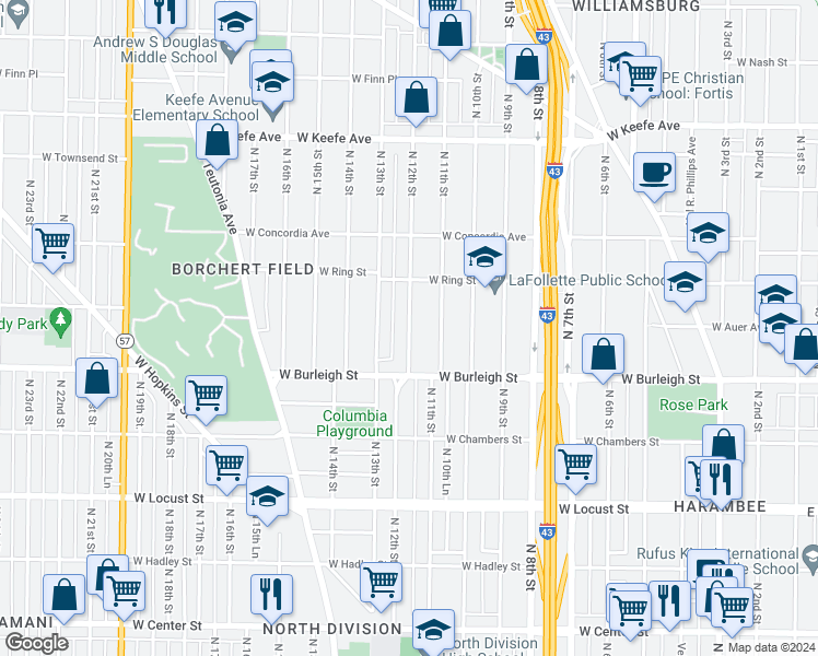 map of restaurants, bars, coffee shops, grocery stores, and more near 3223 North 11th Street in Milwaukee