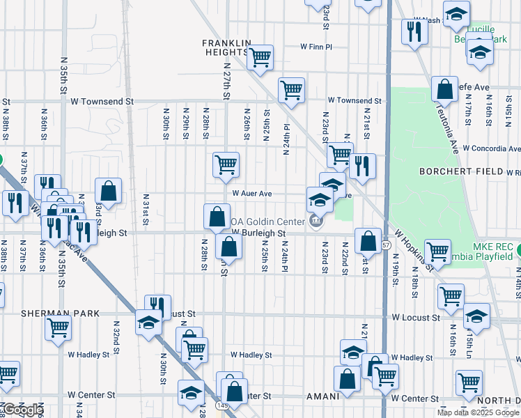 map of restaurants, bars, coffee shops, grocery stores, and more near 2504 West Auer Avenue in Milwaukee