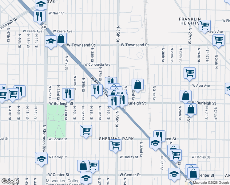 map of restaurants, bars, coffee shops, grocery stores, and more near 3426 West Auer Avenue in Milwaukee