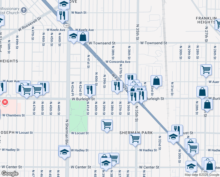 map of restaurants, bars, coffee shops, grocery stores, and more near 3812 West Auer Avenue in Milwaukee