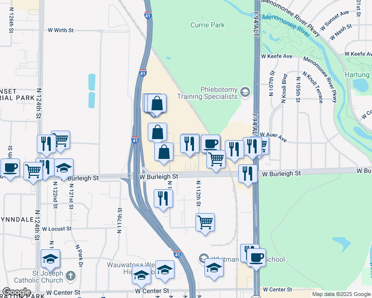 map of restaurants, bars, coffee shops, grocery stores, and more near 11241 Synergy Drive in Wauwatosa