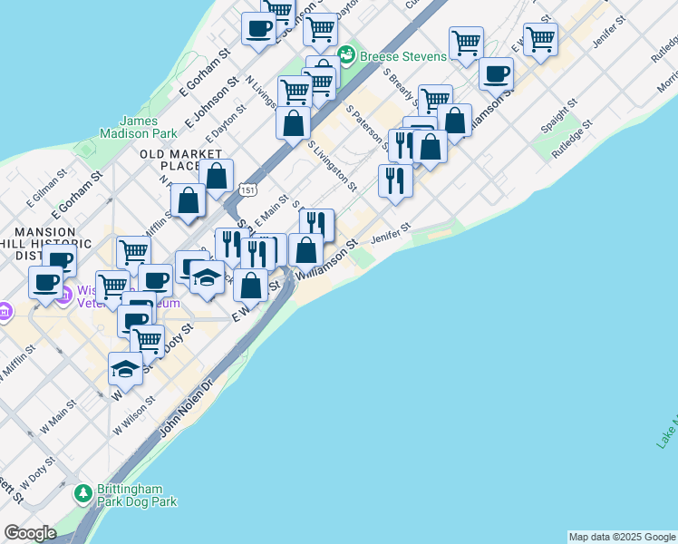 map of restaurants, bars, coffee shops, grocery stores, and more near 702 Williamson Street in Madison
