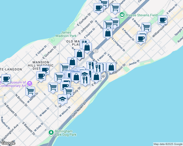 map of restaurants, bars, coffee shops, grocery stores, and more near 30 South Franklin Street in Madison