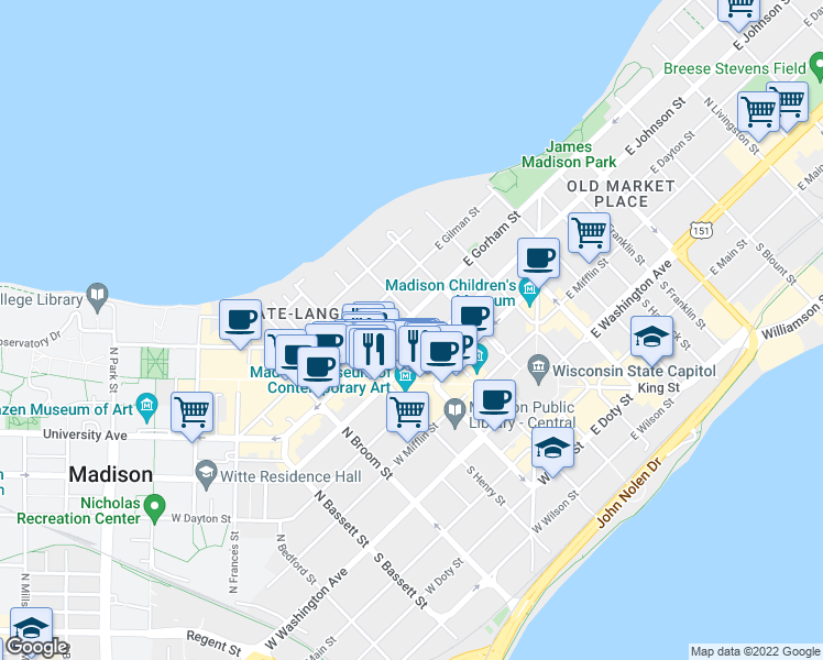 map of restaurants, bars, coffee shops, grocery stores, and more near 418 North Carroll Street in Madison