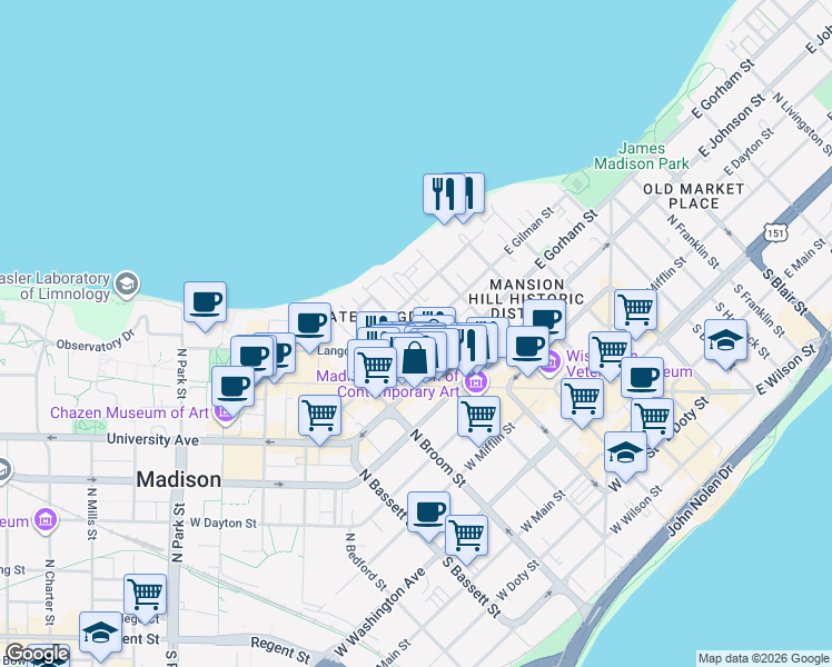 map of restaurants, bars, coffee shops, grocery stores, and more near 124 West Gilman Street in Madison