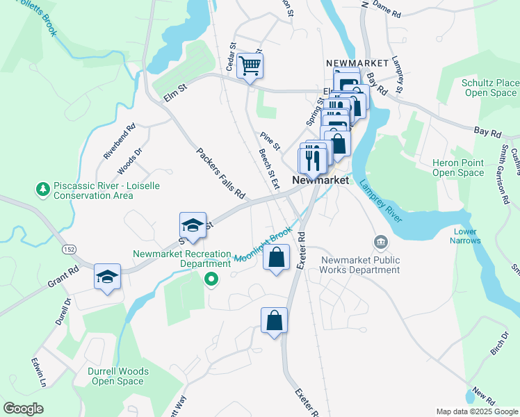 map of restaurants, bars, coffee shops, grocery stores, and more near 193 South Main Street in Newmarket