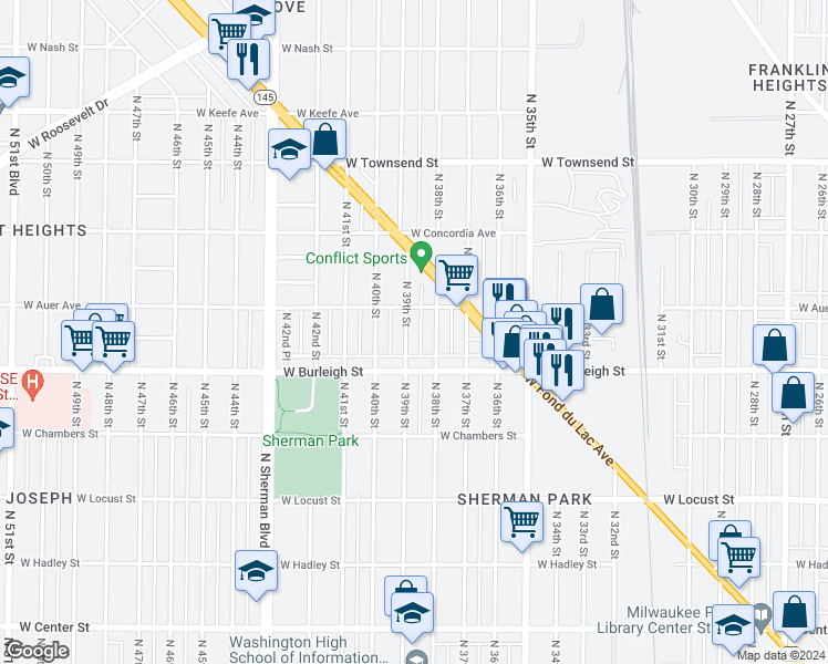 map of restaurants, bars, coffee shops, grocery stores, and more near 3812 West Auer Avenue in Milwaukee