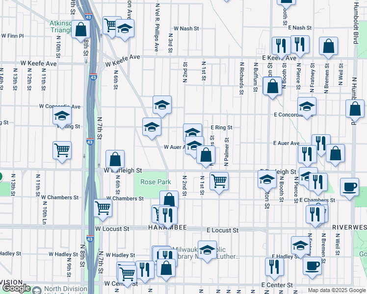 map of restaurants, bars, coffee shops, grocery stores, and more near W Auer Ave & N 2nd St in Milwaukee