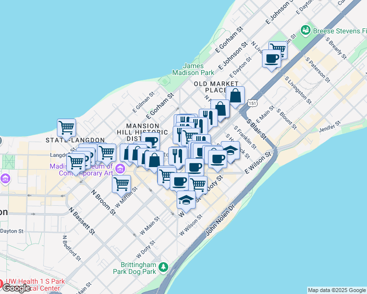 map of restaurants, bars, coffee shops, grocery stores, and more near 25 North Pinckney Street in Madison
