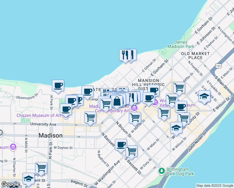 map of restaurants, bars, coffee shops, grocery stores, and more near 124 West Gilman Street in Madison