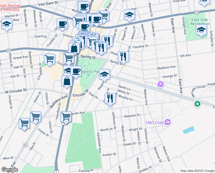map of restaurants, bars, coffee shops, grocery stores, and more near 125 Regent Street in Saratoga Springs