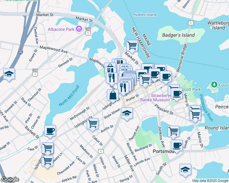map of restaurants, bars, coffee shops, grocery stores, and more near 2 Foundry Place in Portsmouth