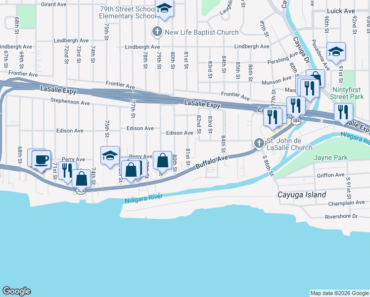 map of restaurants, bars, coffee shops, grocery stores, and more near 150 81st Street in Niagara Falls