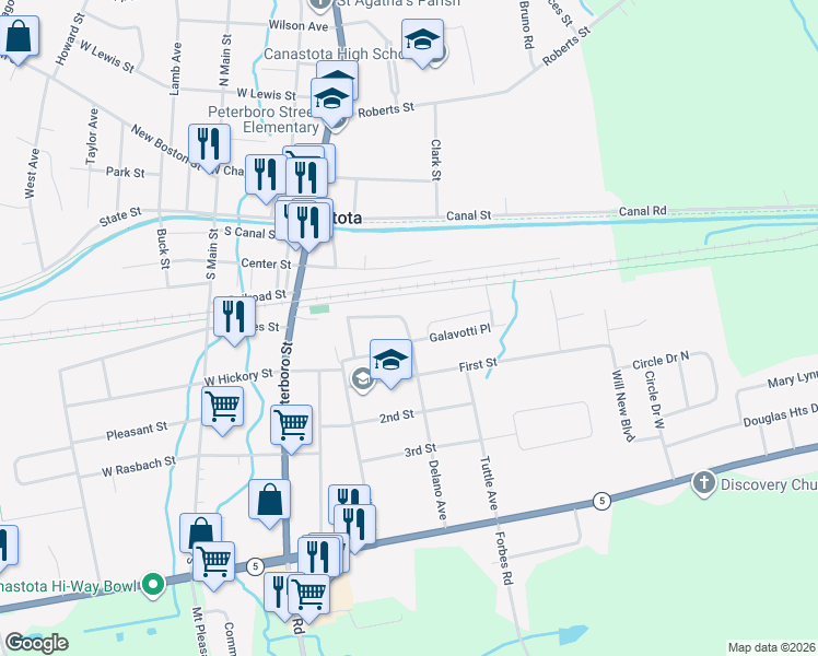 map of restaurants, bars, coffee shops, grocery stores, and more near 96 Terrace Place in Canastota