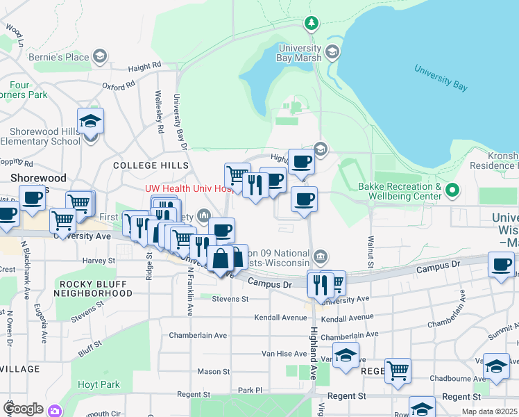map of restaurants, bars, coffee shops, grocery stores, and more near 600 Highland Avenue in Madison