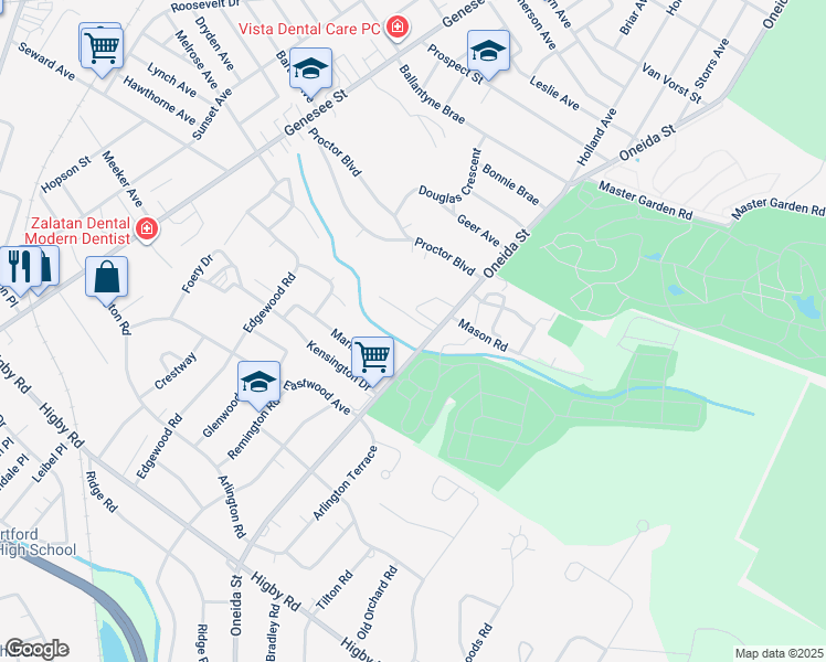 map of restaurants, bars, coffee shops, grocery stores, and more near 1-99 Georgian Court in Utica
