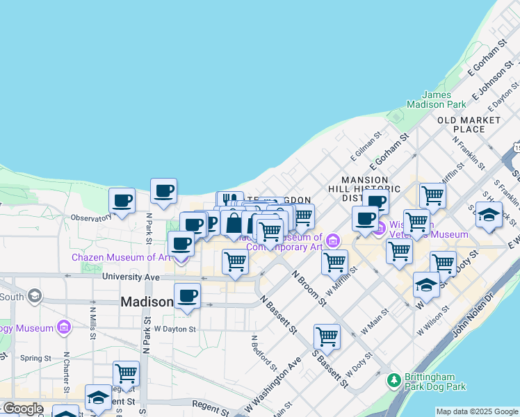 map of restaurants, bars, coffee shops, grocery stores, and more near 228 Langdon Street in Madison