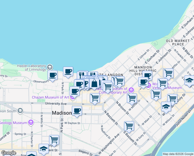 map of restaurants, bars, coffee shops, grocery stores, and more near 644 North Frances Street in Madison