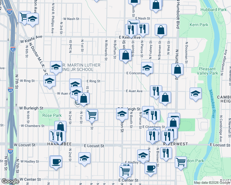 map of restaurants, bars, coffee shops, grocery stores, and more near 3214 North Buffum Street in Milwaukee