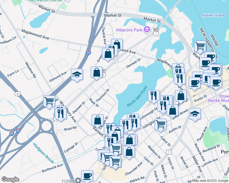 map of restaurants, bars, coffee shops, grocery stores, and more near 55 Thornton Street in Portsmouth
