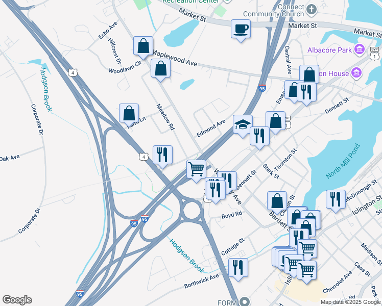 map of restaurants, bars, coffee shops, grocery stores, and more near 500 Woodbury Avenue in Portsmouth