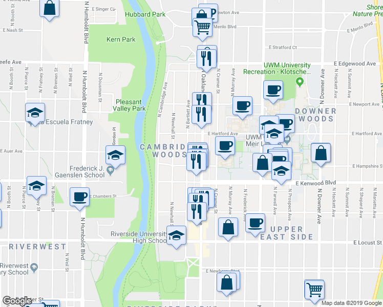 map of restaurants, bars, coffee shops, grocery stores, and more near 3261A North Oakland Avenue in Milwaukee