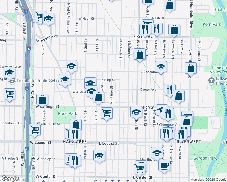 map of restaurants, bars, coffee shops, grocery stores, and more near 3227 North Palmer Street in Milwaukee