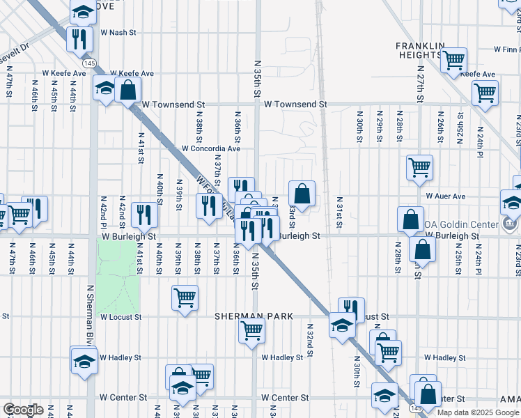 map of restaurants, bars, coffee shops, grocery stores, and more near 3426 West Auer Avenue in Milwaukee