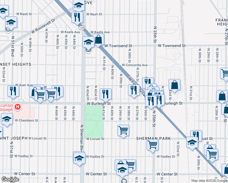 map of restaurants, bars, coffee shops, grocery stores, and more near 3176 North 40th Street in Milwaukee