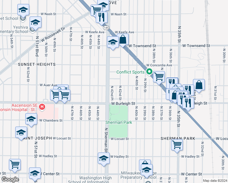 map of restaurants, bars, coffee shops, grocery stores, and more near 4216 West Auer Avenue in Milwaukee