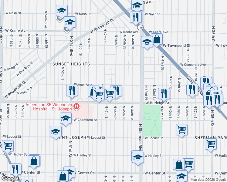 map of restaurants, bars, coffee shops, grocery stores, and more near 4633 West Auer Avenue in Milwaukee
