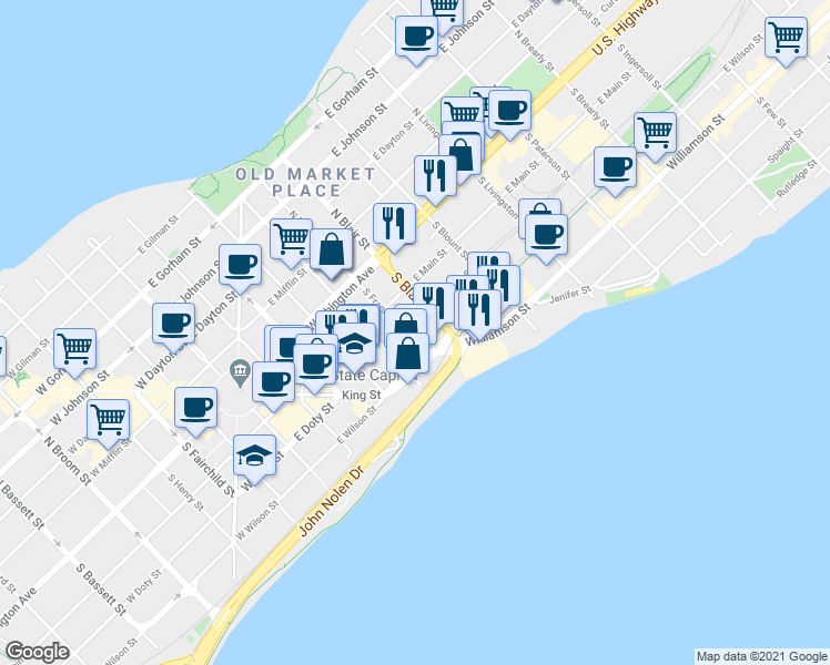map of restaurants, bars, coffee shops, grocery stores, and more near 114 South Blair Street in Madison